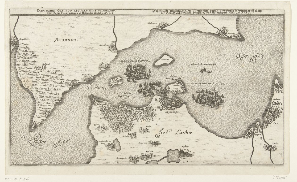 Kart over zeeslag mellom Zweedse og Deense vloten in de Belt, 1644 Det mest nøyaktige kartet over det danske Ørsundstredet med kongen av Sverige, Danmark og Holland klassibg. Ao. 1644 (tittel på objekt) Eigentliche Delineatio des Berumpten passerer Or. Sün av Anonymous