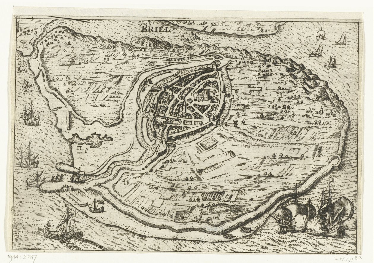 Kart over øya Voorne og kart over Brielle, 1572 Briel (tittel på objekt) av Anonymous