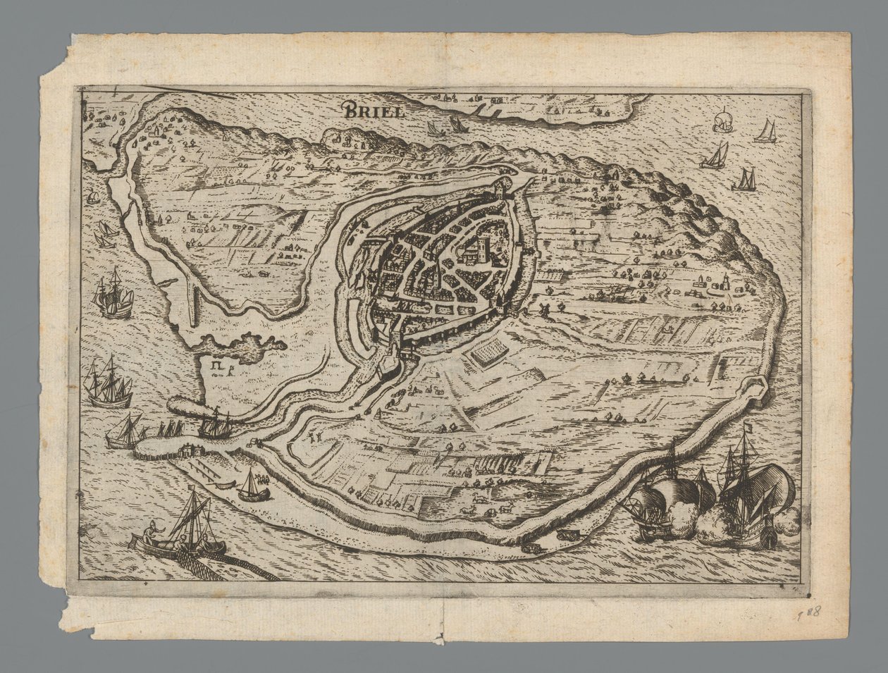 Kart over øya Voorne og kart over Brielle, 1572 Briel (tittel på objekt) av Anonymous