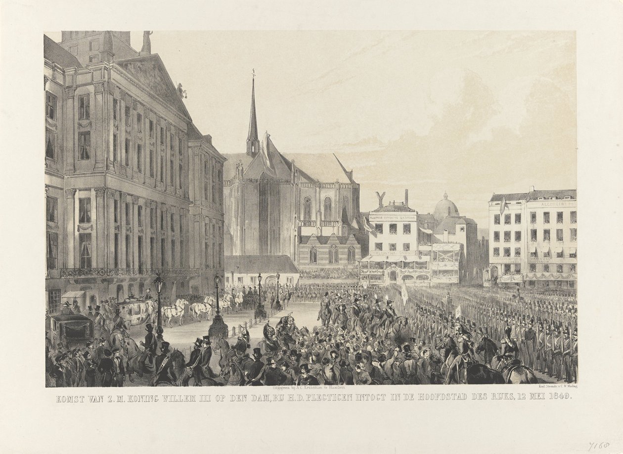 Ankomst av H.M. Kong Willem III på demningen, ved H.D. gå høytidelig inn i imperiets hovedstad, 12. mai 1849 (tittel på objekt) av Anonymous