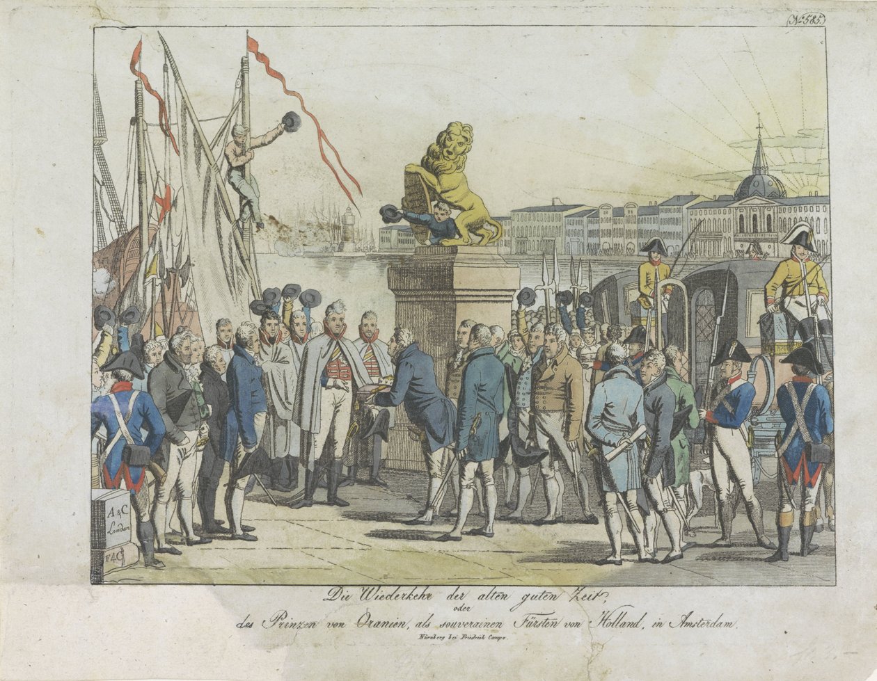 Komst van de Souverein Vorst te Amsterdam, 1813. De gode gamle dagers retur, (...) av Prinsen av Oransje, som suveren prins av Holland, i Amsterdam (tittel på objekt) av Anonymous