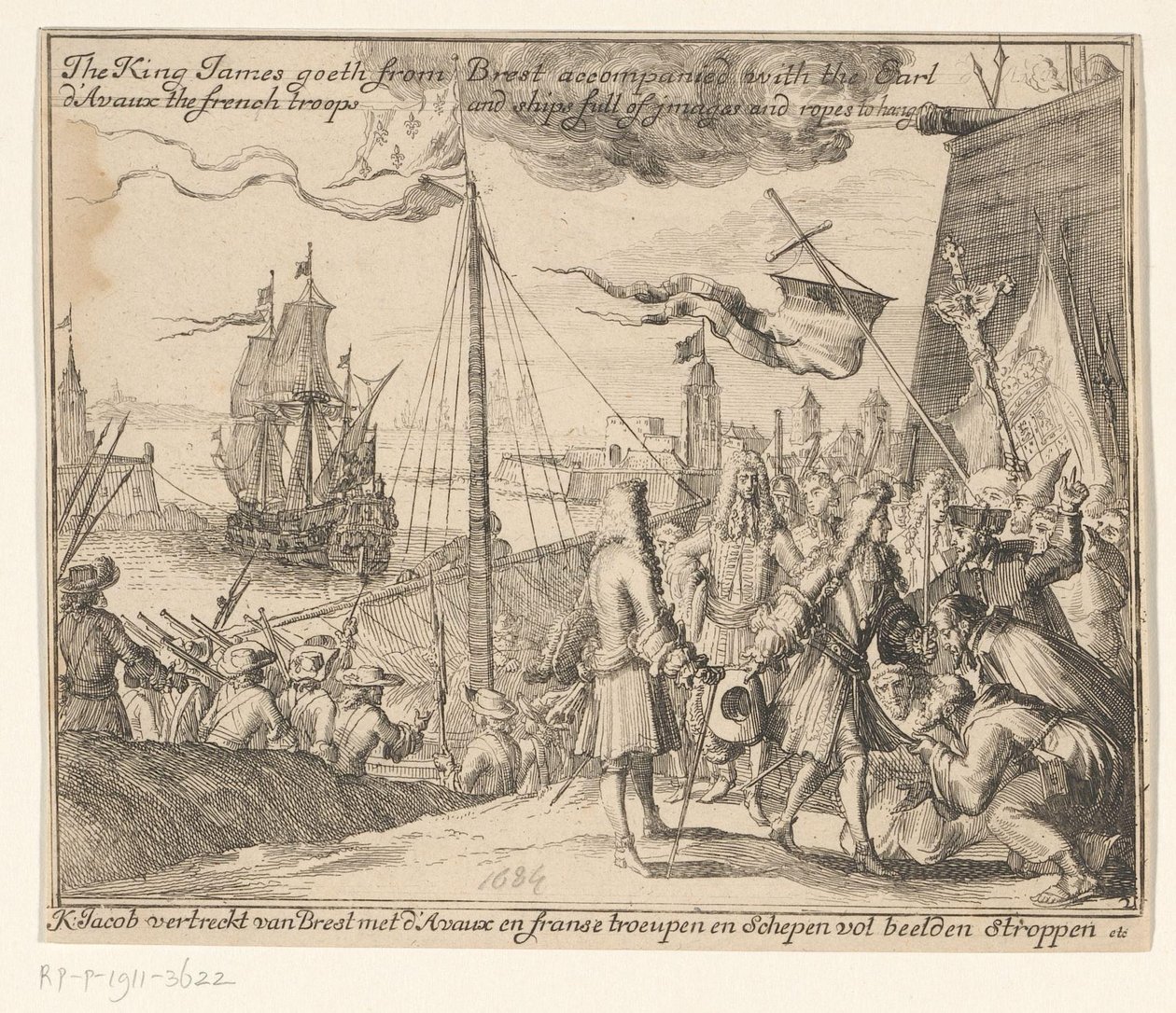 Kong James II drar med franske tropper fra Brest til Irland, 1689 King James drar fra Brest sammen med jarlen d