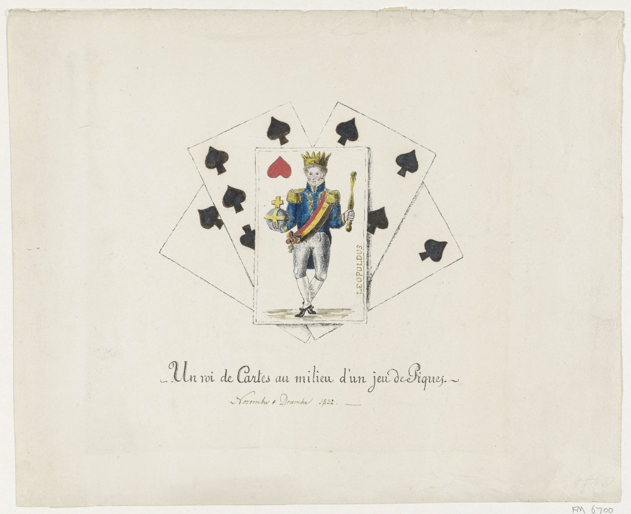 Koning Leopold I als de hartenkoning, 1831-1832 En konge av kort i midten av en sparstokk (tittel på objekt) av Anonymous