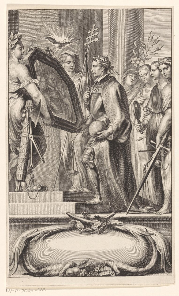 King holdes oppe et speil av Justice and Faith Tittelside for: Petrus Belluga og Camillo Borello, Speculum principum, 1655 av Anonymous