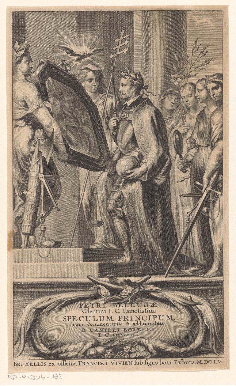 King holdes oppe et speil av Justice and Faith Tittelside for: Petrus Belluga og Camillo Borello, Speculum principum, 1655 av Anonymous
