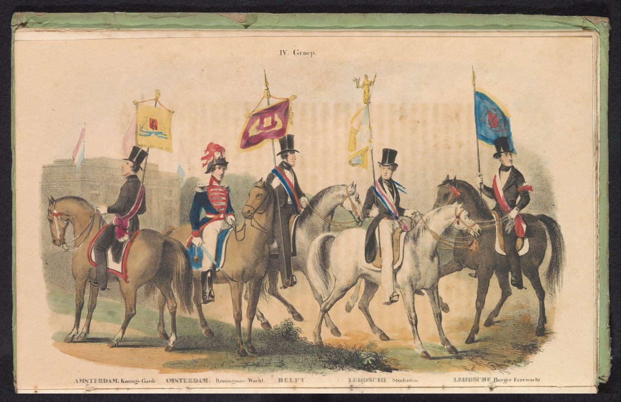 Kostymer og bannere til æresvaktene i Amsterdam, Delft og Leiden, 1840-1842 IV. Gruppe (tittel på objekt) av Anonymous