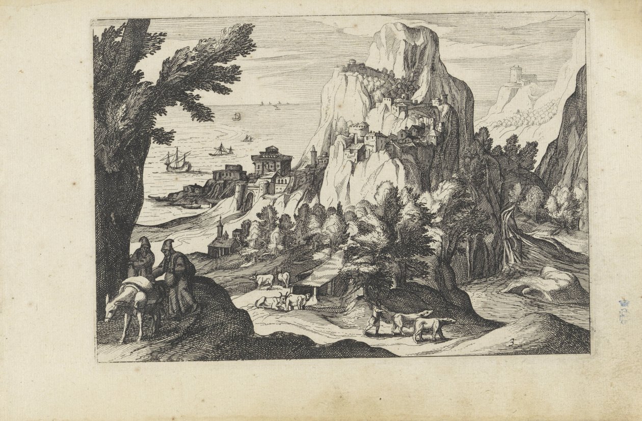 Kystlandskap med høyfjellslandskap med figurer (serietittel) av Anonymous