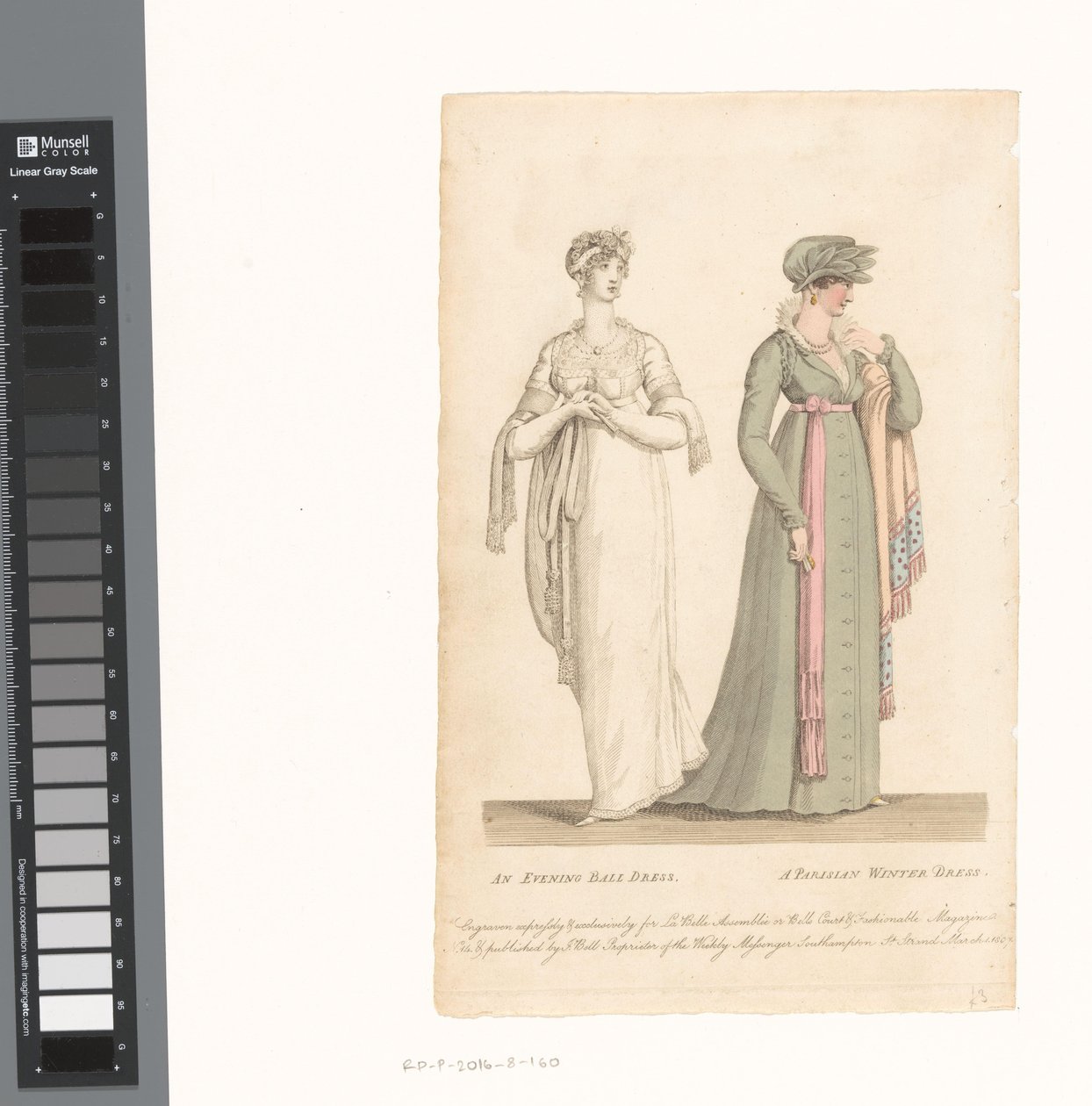 La Belle Assemblée, 1. mars 1807, nr. 14: En aftenballkjole / En parisisk vinterkjole av Anonymous