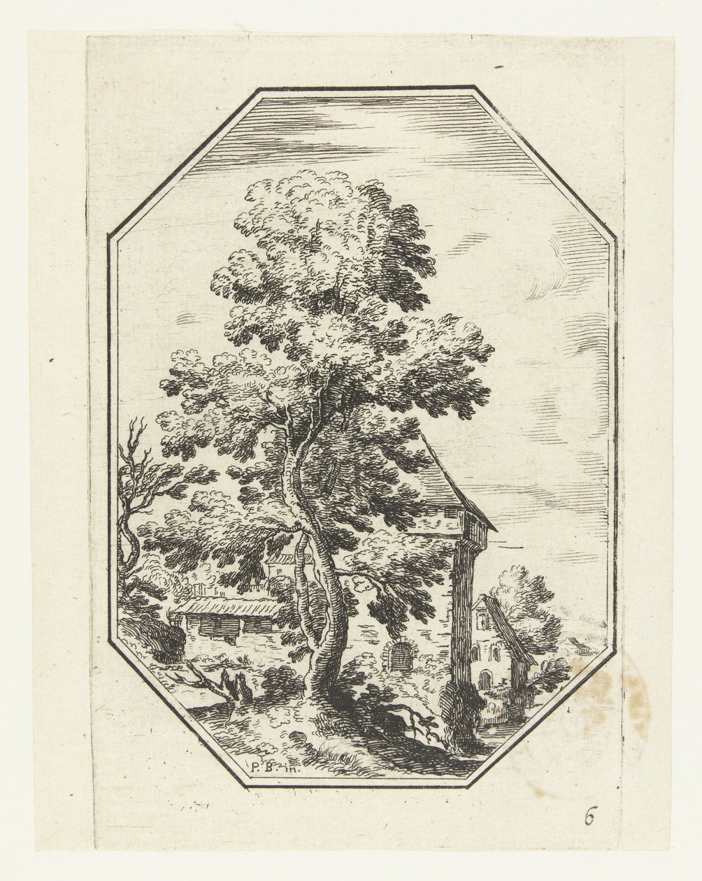 Landskap med et stort tre i en åttekantet ramme Octagonal Landscapes (serietittel) av Anonymous