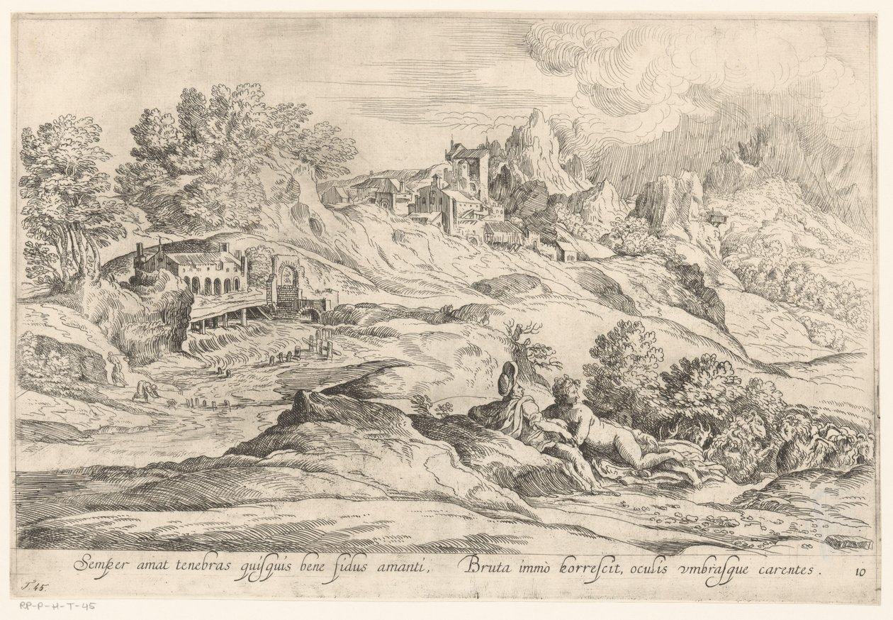 Landschap met minnend paar Den som er trofast mot sin elsker elsker alltid mørket, / Den brutale skalv fortsatt, øynene mangler skygger (tittel på objekt) Landschappen naar Domenico Campagnola (serietittel) av Anonymous