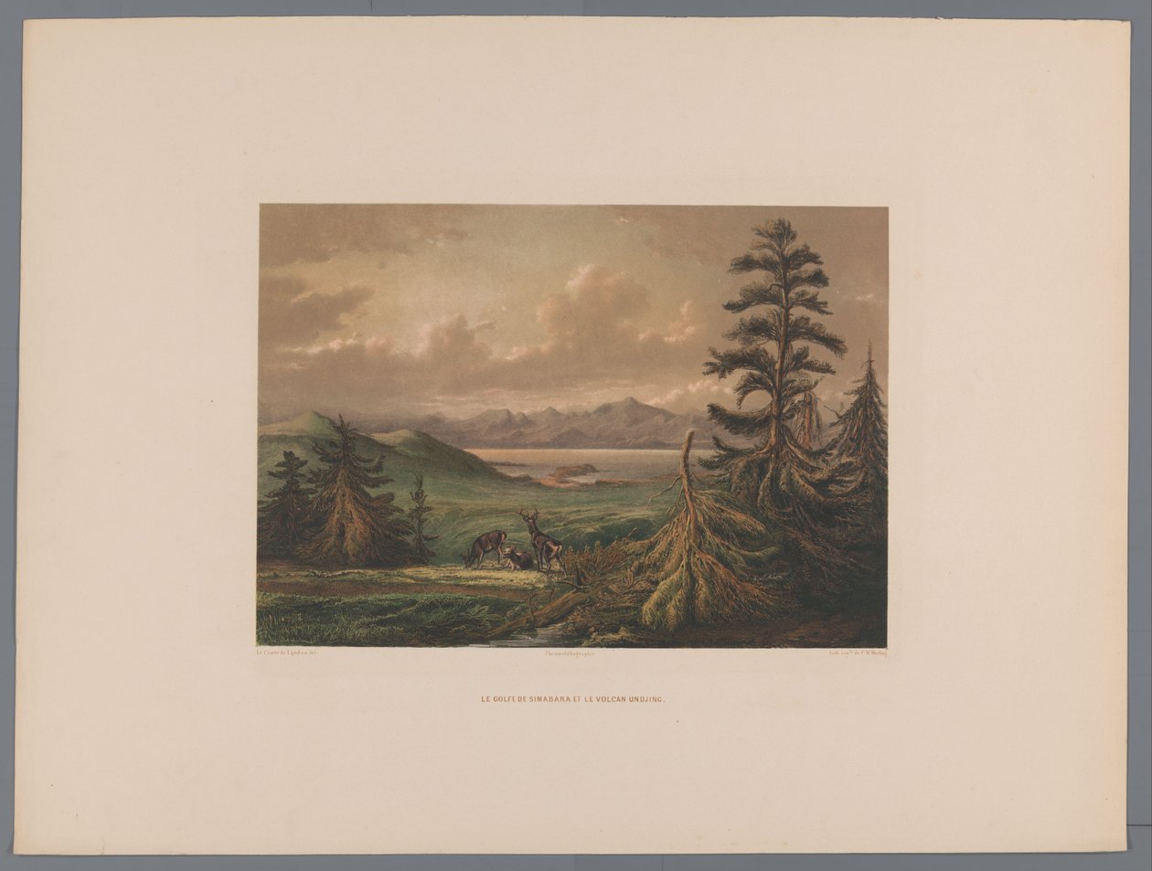 Landskap med Shimabara Bay og Unzen. Vulkan i bakgrunnen Le golfe de Simabara et le volcan Undjing (tittel på objekt) Souvenir du Japon vues d