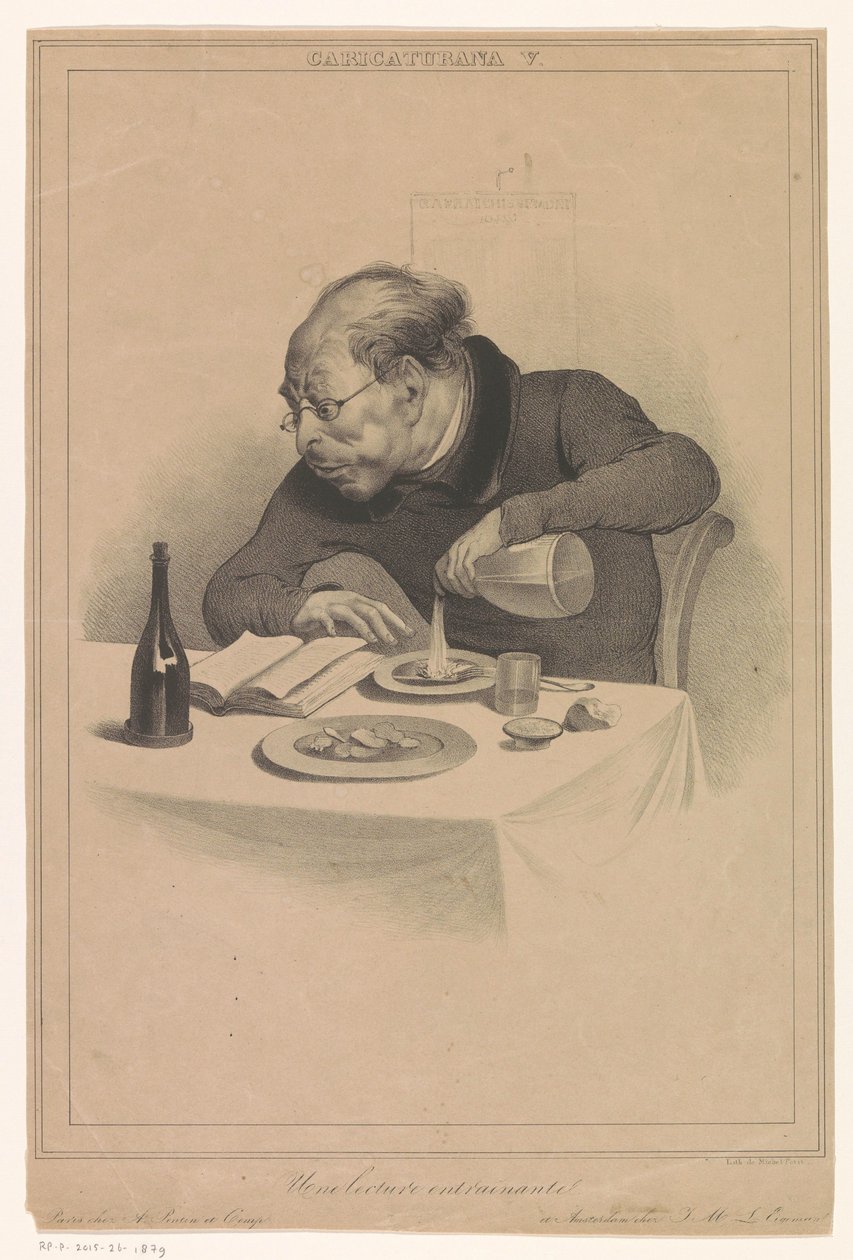 leser mann Une lecture entraînante (tittel på objekt) Karikaturer (av forlagene Pontin og Eigeman) (serietittel) Caricaturana (serietittel på objekt) av Anonymous