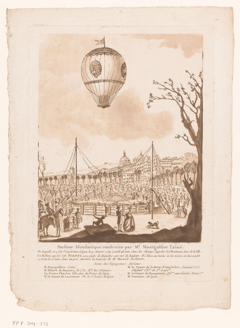 Luchtballon, Le Flezel, van Joseph-Michael Montgolfier den eldre utenfor Lyon Aerostatisk maskin bygget av Mr. Montgolfier den eldste (tittel på objekt) av Anonymous