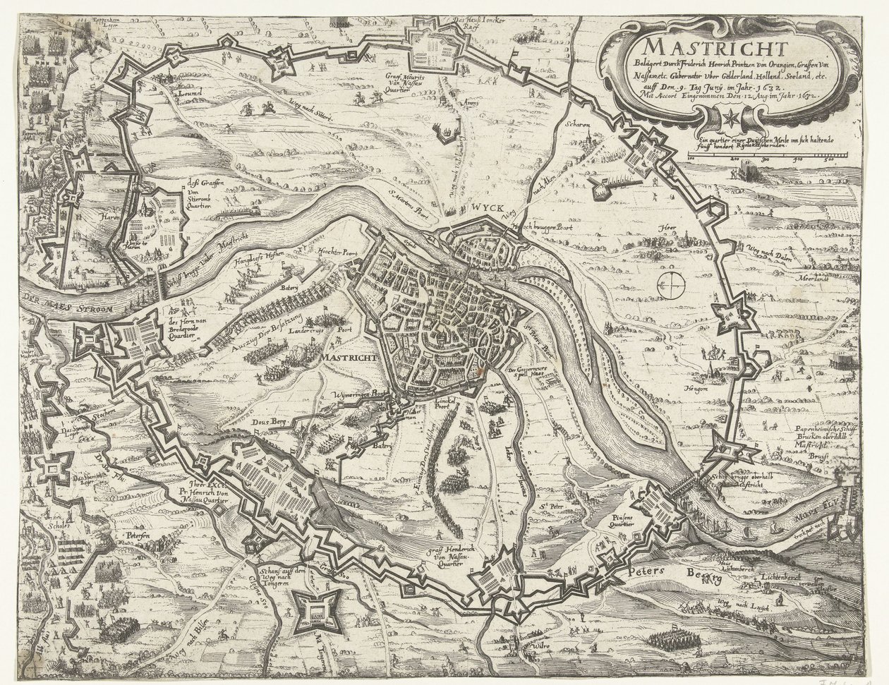 Maastricht okkupert av Frederik Hendrik, 1632 Maestricht beleiret av Friderich Henrich Printzen von Orangien (...) den 9. juni i år 1632. Tatt med Accort den 12. august i år 1632 (tittel på objekt) av Anonymous