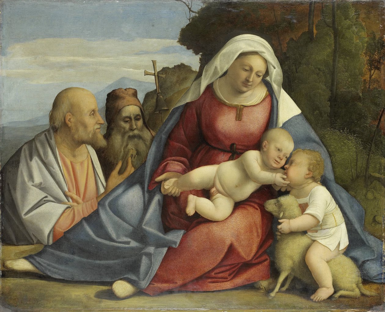 Madonna og barn med spedbarnet døperen Johannes og de hellige Peter og Anthony av Anonymous