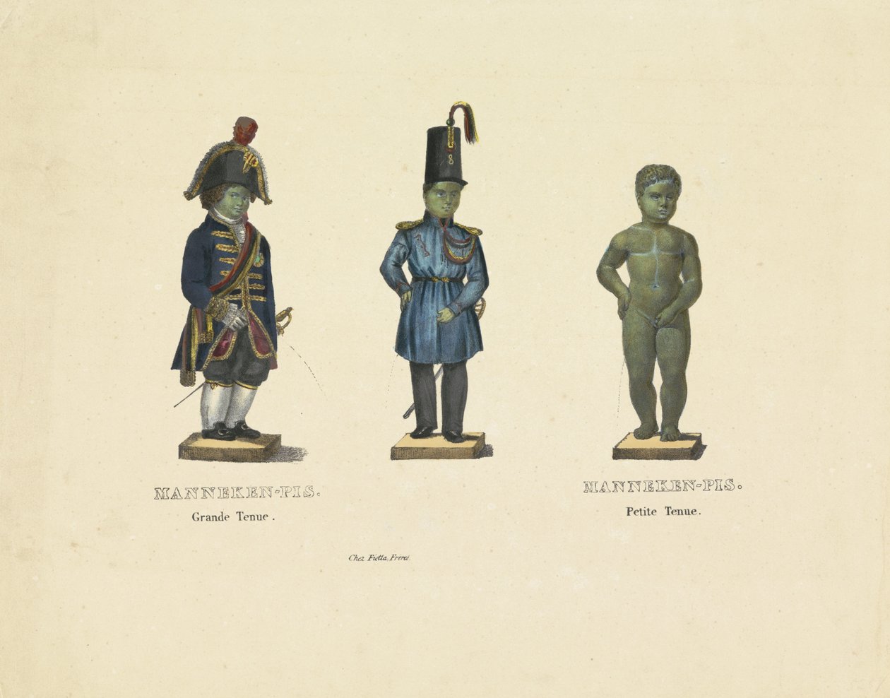 Manneken Pis i forskjellige antrekk, 1817 Manneken-Pis. Stort antrekk. Manneken-Pis. Petite antrekk (tittel på objekt) av Anonymous