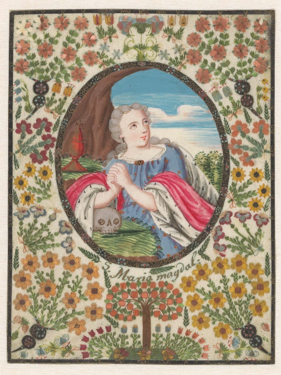 Maria Magdalena i oval med blomsterkant rundt av Anonymous