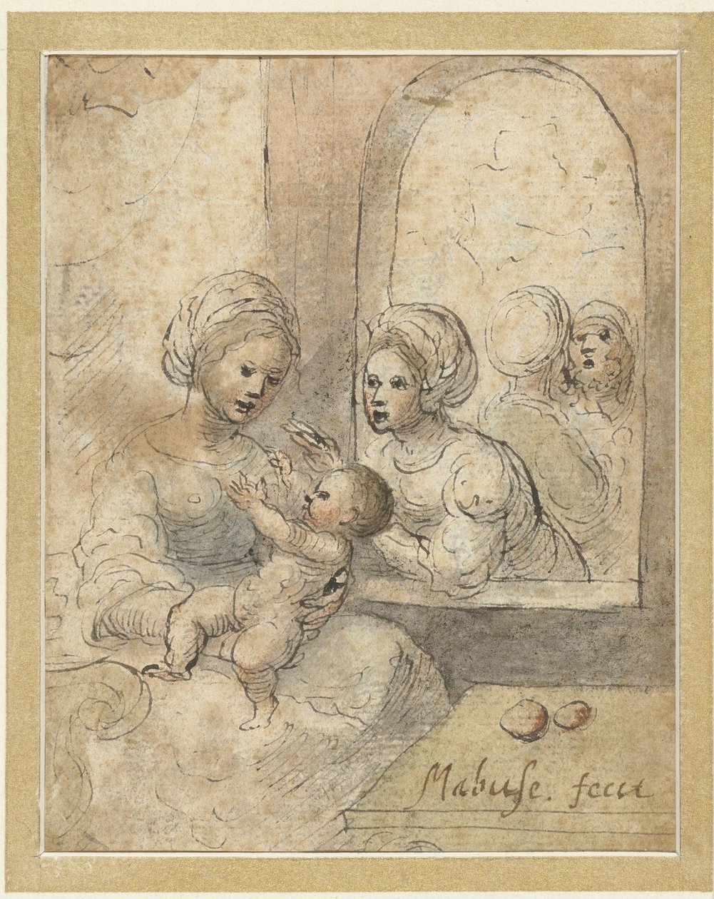 Mary med barn og tre andre figurer av Anonymous