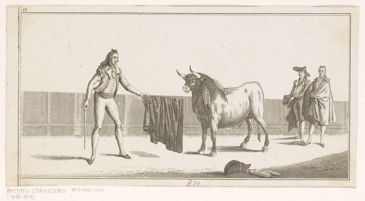 Matador utfordrer en okse Coleccion de las principales suertes de una corrida de toros (serietittel på objekt) Samling av de viktigste tyrefektingsmanøvrene (serietittel) av Anonymous
