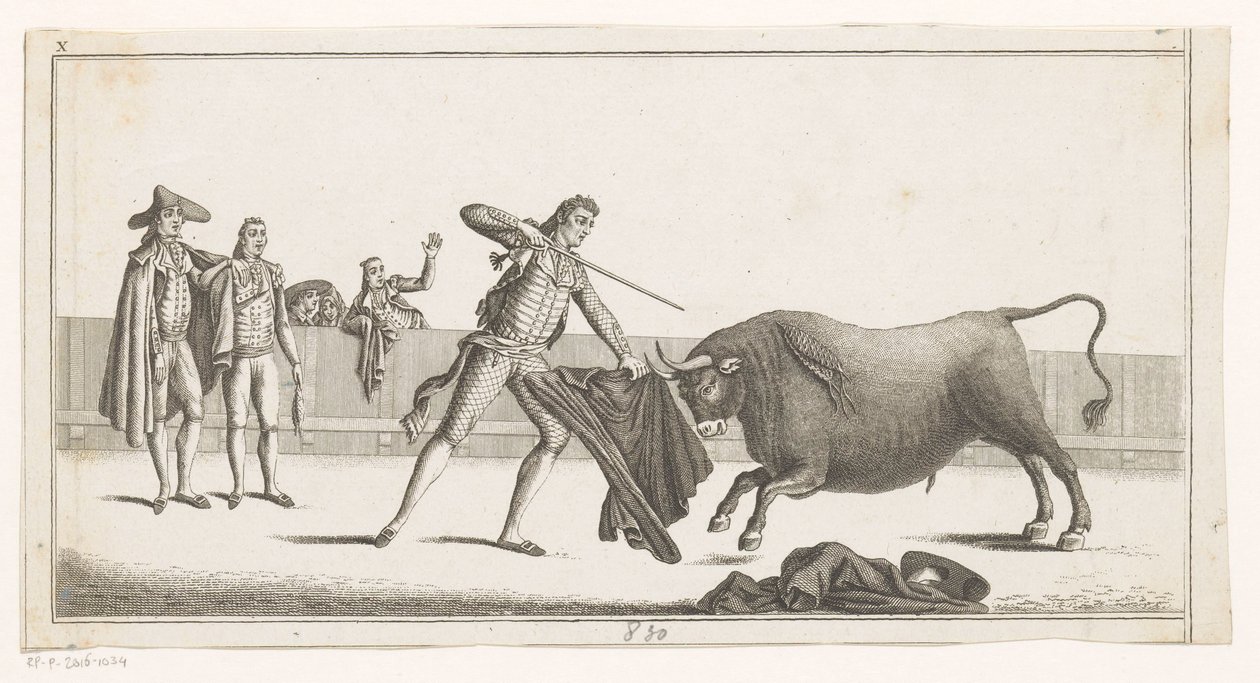 Matador utfordrer en okse Coleccion de las principales suertes de una corrida de toros (serietittel på objekt) Samling av de viktigste tyrefektingsmanøvrene (serietittel) av Anonymous