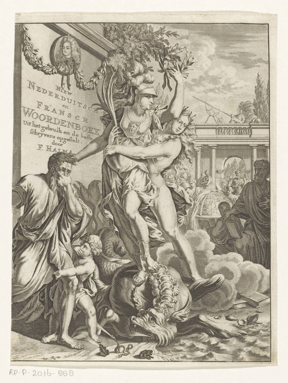 Minerva tramper ildpustende sjømonster Ny lavtysk og fransk ordbok (tittel på objekt) Tittelside for: François Halma, Dictionary of Dutch and French Languages, 1710 av Anonymous