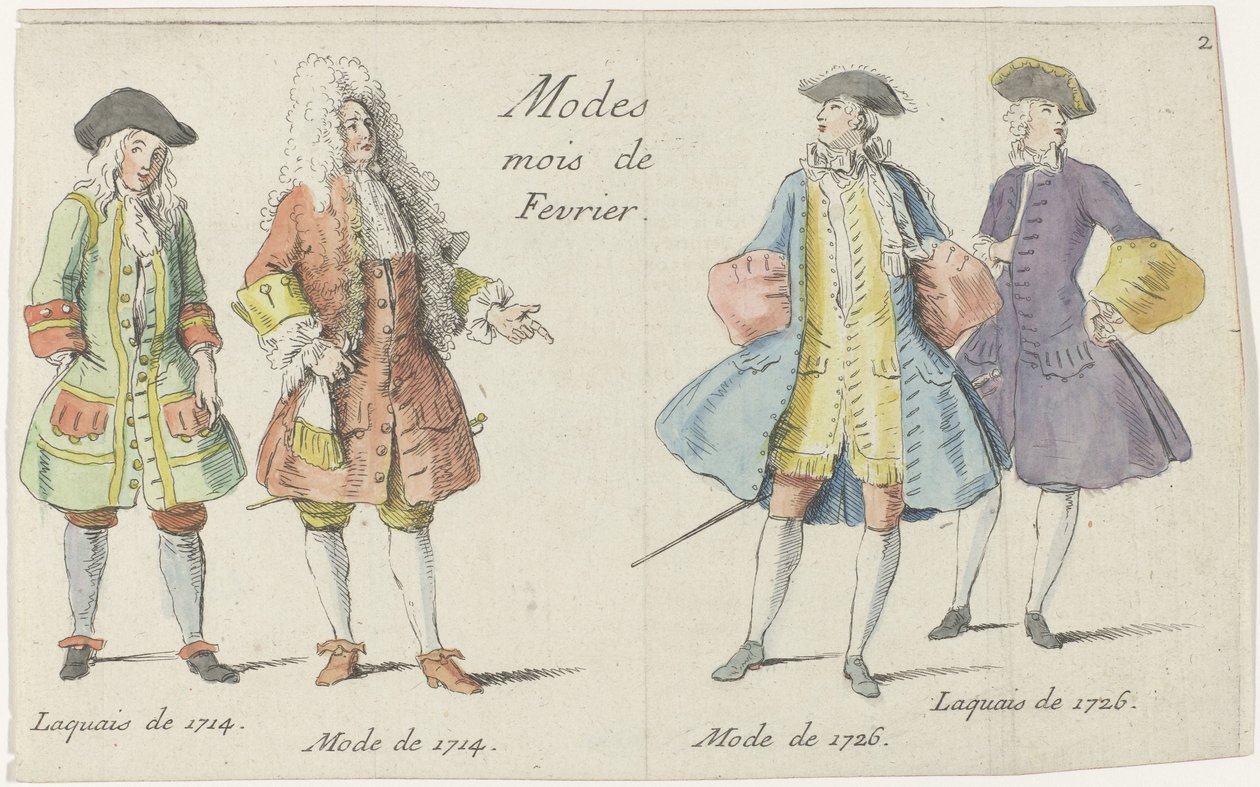 Modes Mois de Fevrier (tittel på objekt) Fire menn kledde seg på moten fra 1714 og 1726 Mercure de France (serietittel) av Anonymous