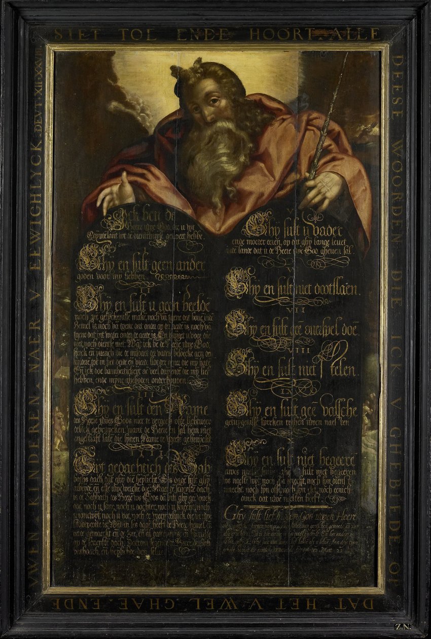 Moses viser lovens tabeller med de ti bud i kalligrafi av Anonymous