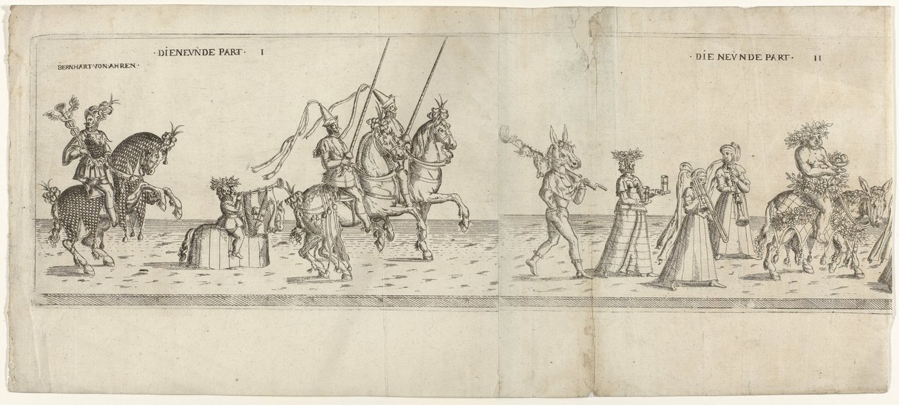 Parade med utkledde karakterer, inkludert rytter Bernhart von Ahren, et esel med spytt, Janus, Bacchus på et esel og to musikere Die neunde del I og II (tittel på objekt) Festlig prosesjon med August, kurfyrsten av Sachsen, kledd som en bonde ( av Anonymous