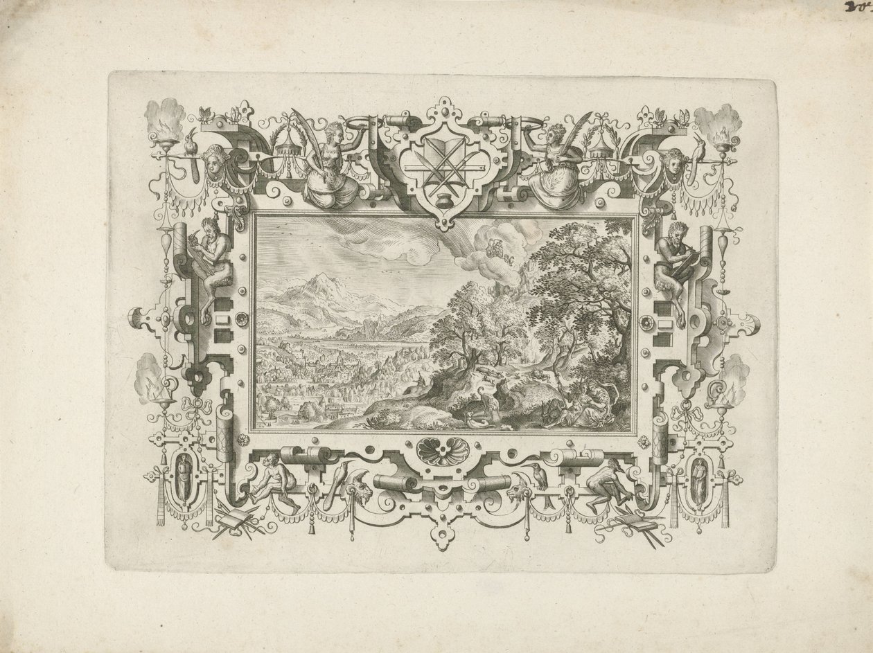 Ornament Ramme med rulleverk og figurer, der et landskap med Venus og Adonis av Anonymous