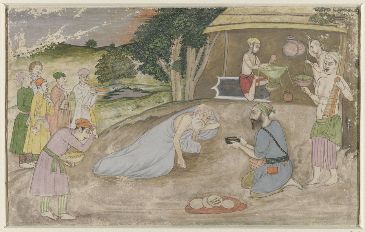 Gammel indo-muslimsk helgen i sin eremitage, omgitt av mennesker med gaver av Anonymous