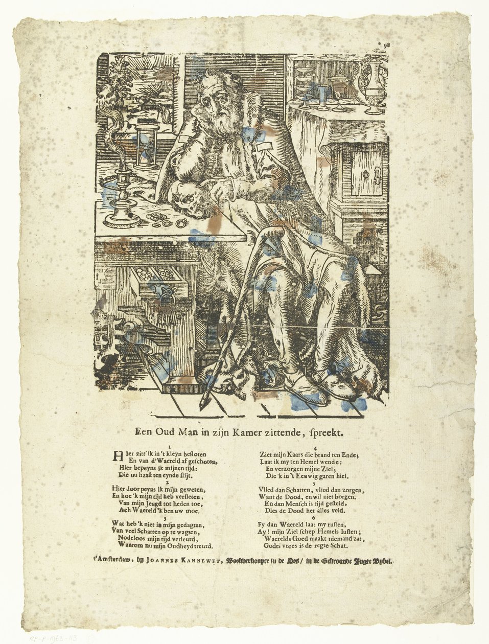 Gammel mann på rommet sitt (vanitas) En gammel mann som sitter på rommet hans snakker. (tittel på objekt) av Anonymous