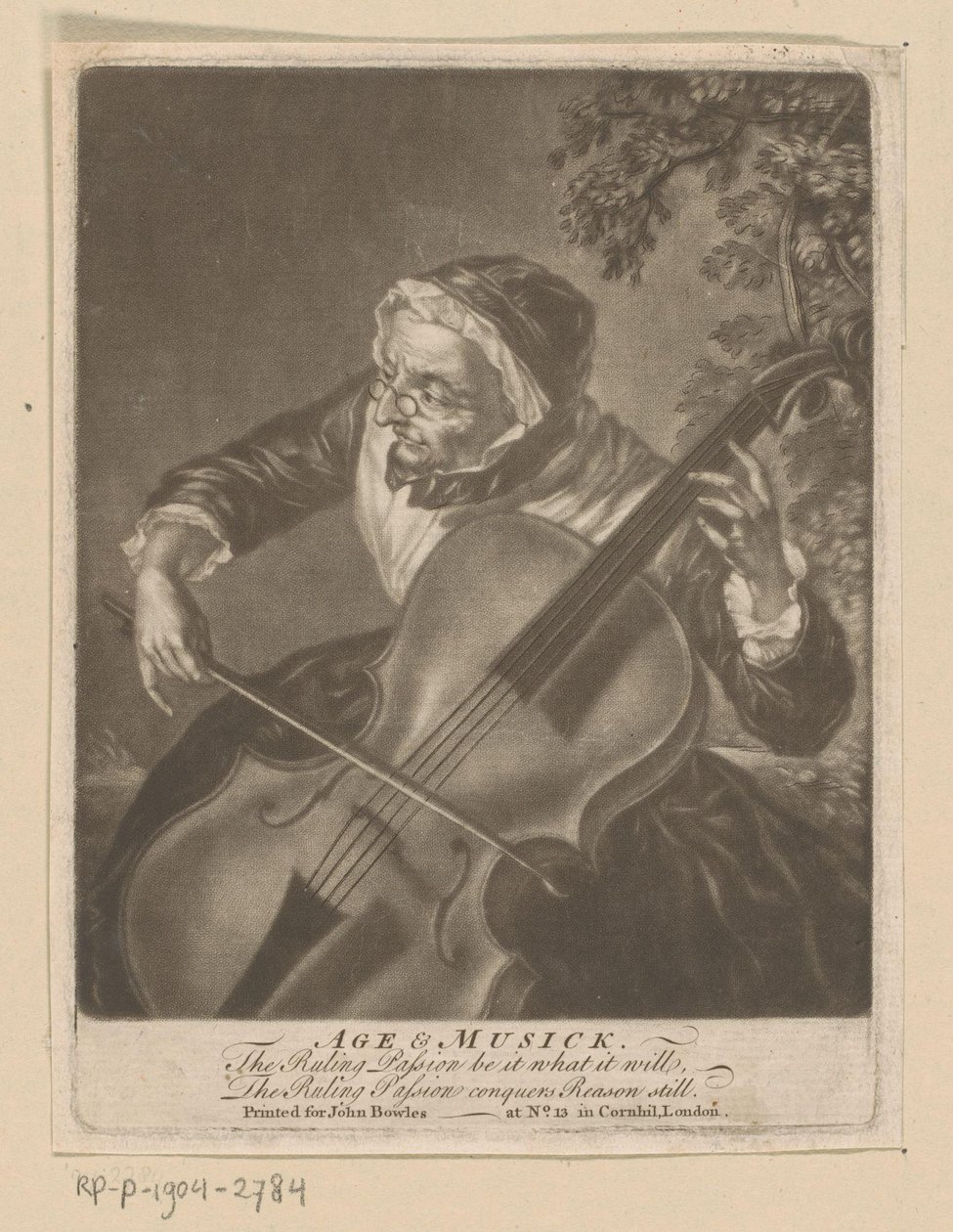 Gammel kvinne som spiller cello Alder og musikk (tittel på objekt) av Anonymous