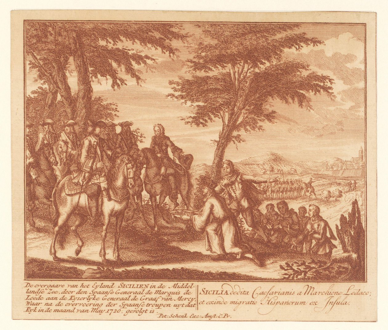 Overgivelse av Sicilia av spanjolene til franskmennene, mai 1720 Overgivelsen av Eyland Sicilien i Middelhavet (...) (tittel på objekt) av Anonymous