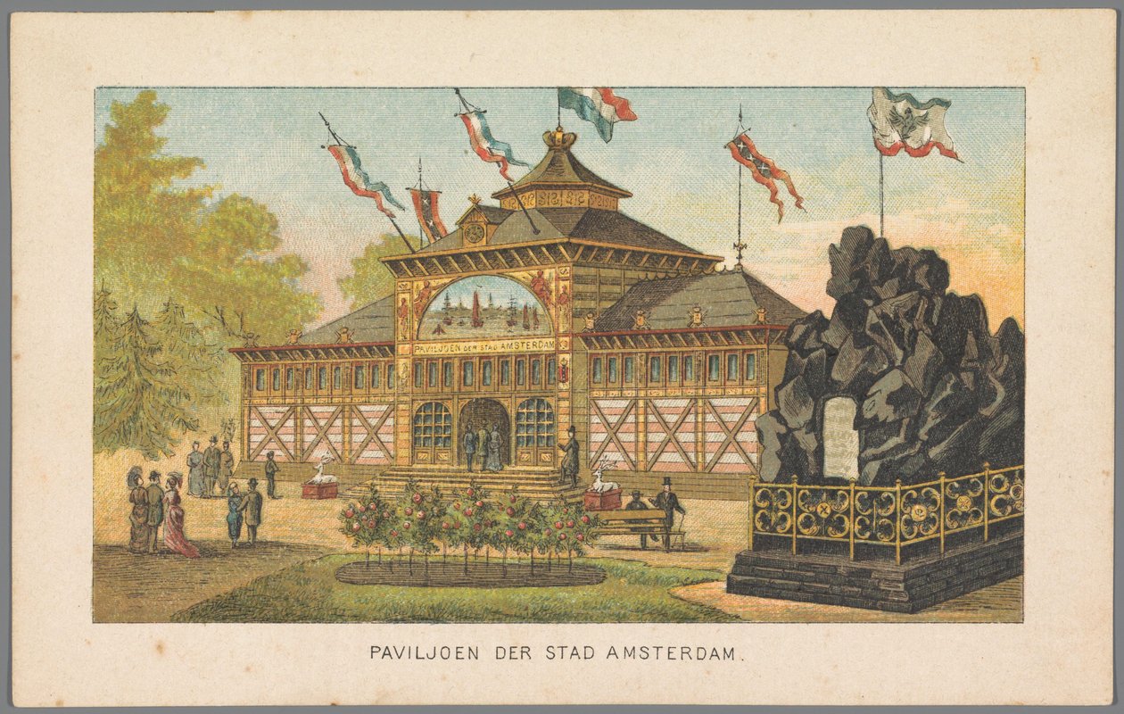 Paviljongen til Amsterdam by på verdensutstillingen i Amsterdam, 1883 Paviljongen til Amsterdam (tittel på objekt) Minne om Amsterdam i 1883 (serietittel på objekt) av Anonymous
