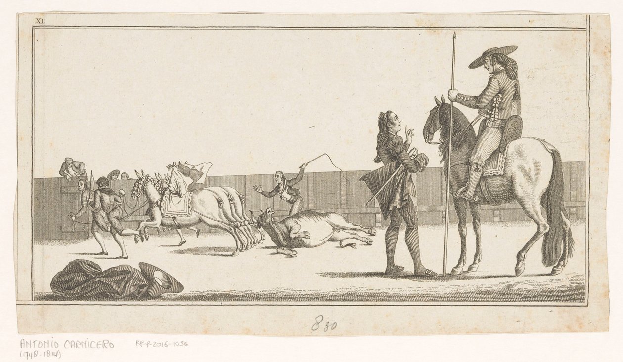 Picador og matador etter å ha drept oksen Coleccion de las principales suertes de una corrida de toros (serietittel på objekt) Samling av de viktigste tyrefektingsmanøvrene (serietittel) av Anonymous