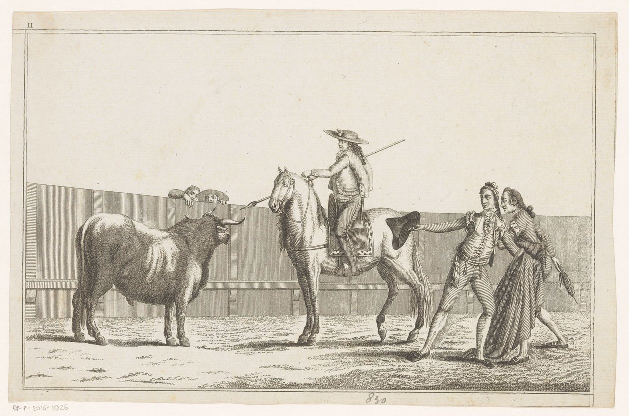 Picador retter lansen mot en okse Coleccion de las principales suertes de una corrida de toros (serietittel på objekt) Samling av de viktigste tyrefektingsmanøvrene (serietittel) av Anonymous