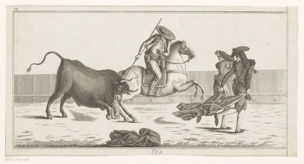 Picador stikker lansen i en okse Coleccion de las principales suertes de una corrida de toros (serietittel på objekt) Samling av de viktigste manøvrene i tyrefekting (serietittel) av Anonymous