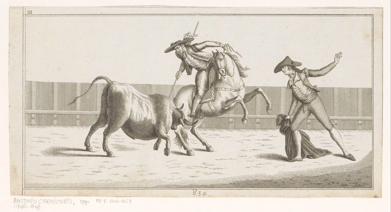 Picador stikker lansen i en okse Coleccion de las principales suertes de una corrida de toros (serietittel på objekt) Samling av de viktigste manøvrene i tyrefekting (serietittel) av Anonymous