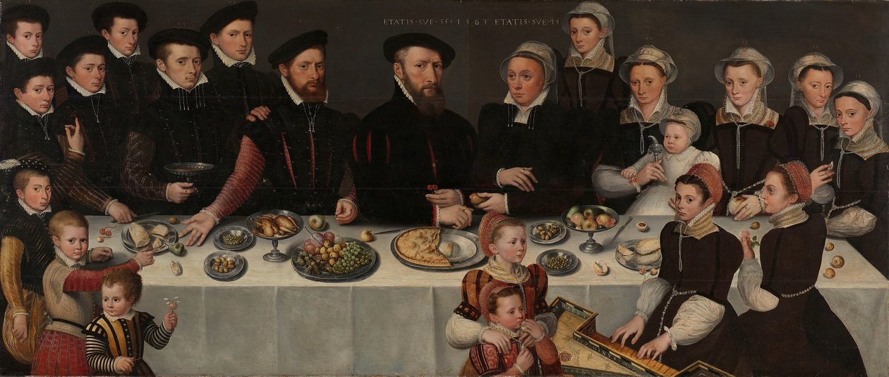 Pierre de Moucheron (1508-67), hans kone Isabeau de Gerbier, deres atten barn, deres svigersønn Allard de la Dale og deres første barnebarn av Anonymous