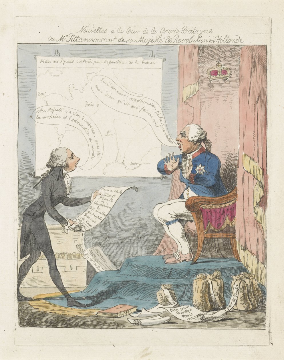Pitt bringer George III den nye over de revolutie i Nederland, 1795 Nyheter ved domstolen i Storbritannia eller Mr. Pitt som kunngjør for hans Majestet revolusjonen i Holland (tittel på objekt) av Anonymous