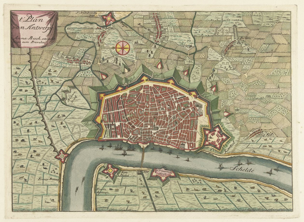 Kart over Antwerpen, ca. 1706 t
