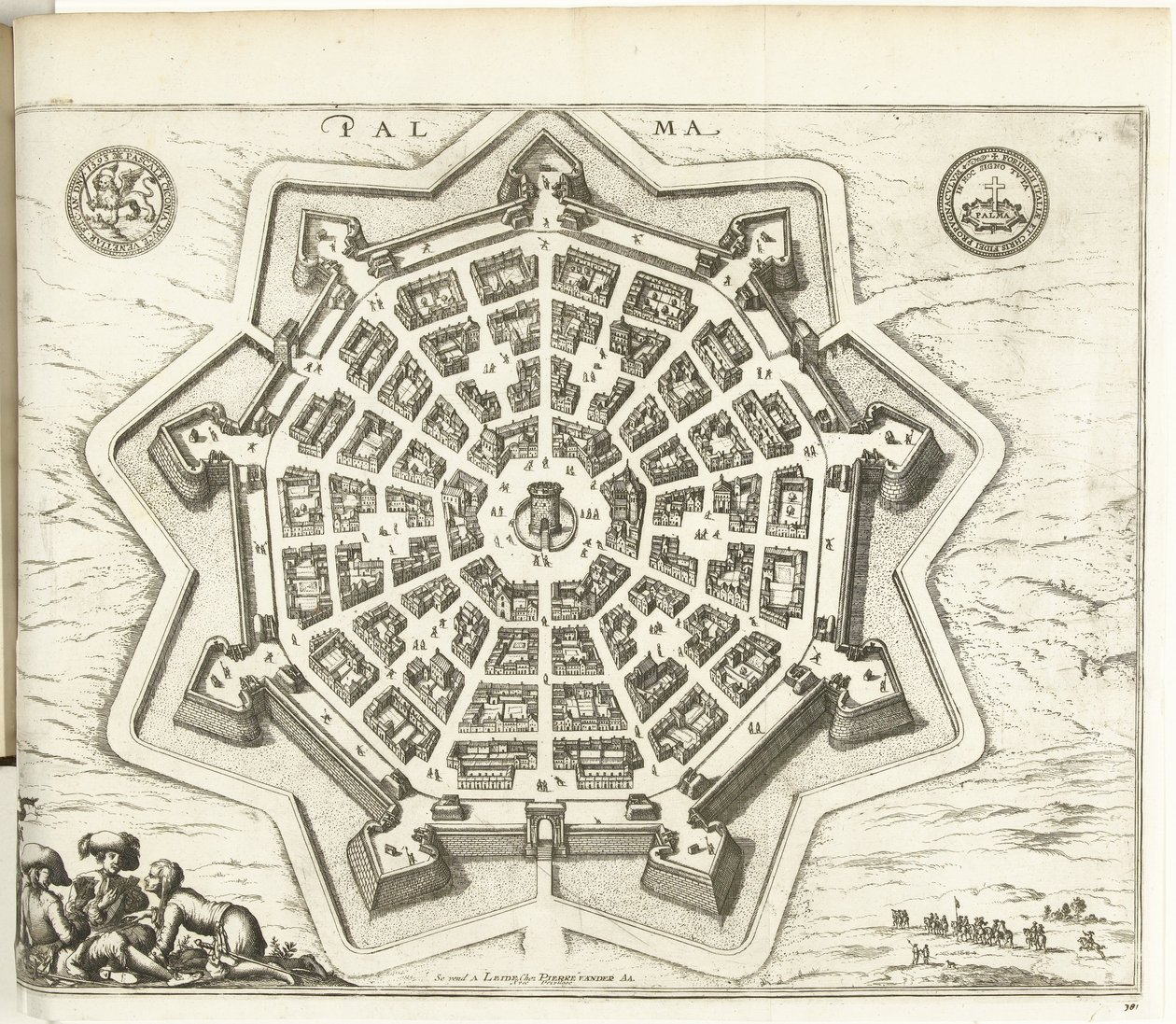 Plattegrunn av Palmanova, 1726 Palma (tittel på objekt) The Forces of Europe, Asia, Africa and America (...) Som også Kartene over kysten av Frankrike og Spania (serietittel på objekt) av Anonymous