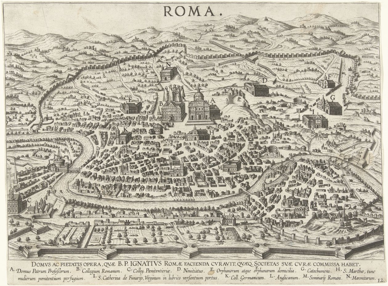 Kart over Roma som viser grunnlaget for Ignatius av Loyola Vita beati patris Ignatii Loyolae (serietittel) Scener fra livet til Ignatius av Loyola (serietittel) av Anonymous