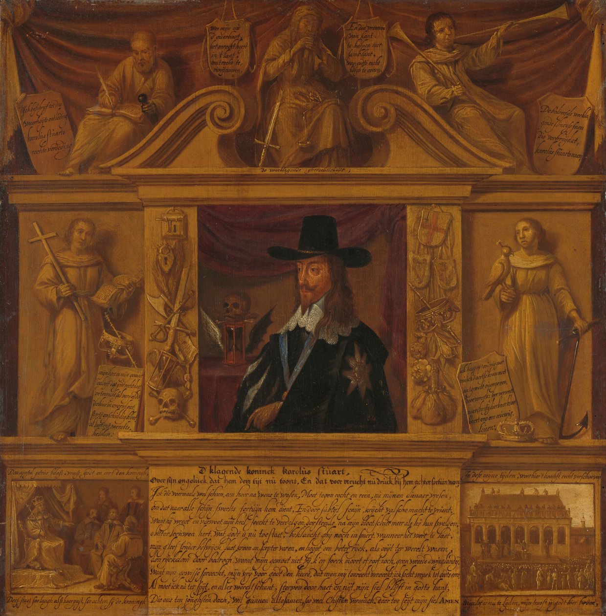 Portrett av Charles I, konge av England, i en ramme med allegoriske figurer og historiske representasjoner av Anonymous