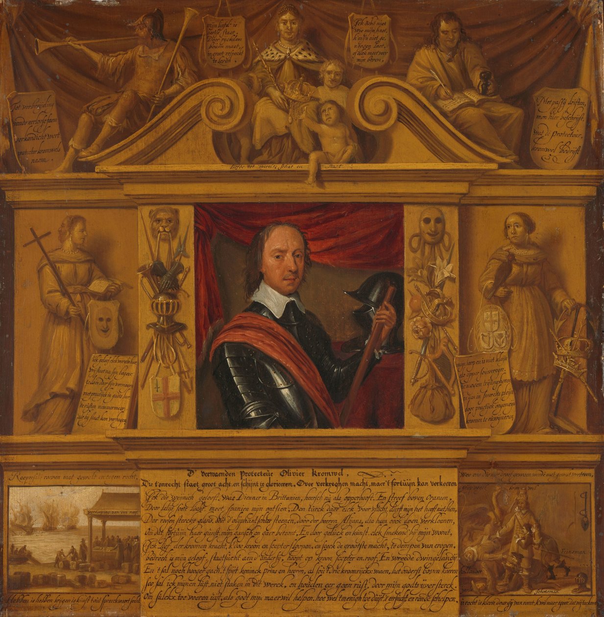 Portrett av Oliver Cromwell, i en ramme med allegoriske figurer og historiske representasjoner av Anonymous