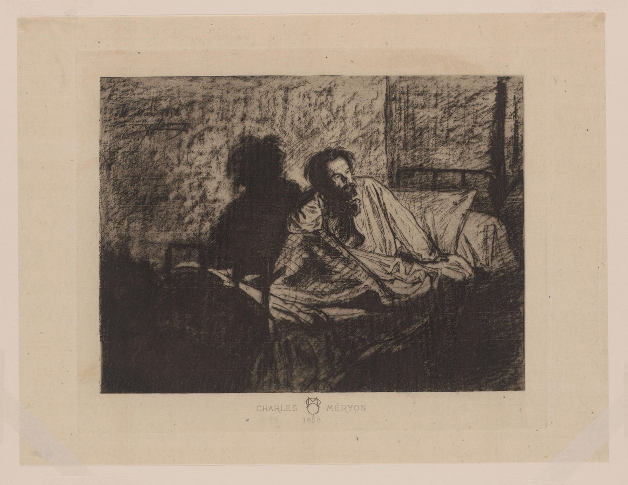 Portrett av Charles Meryon som sitter i sengen Charles Meryon 1858 (tittel på objekt) av Anonymous