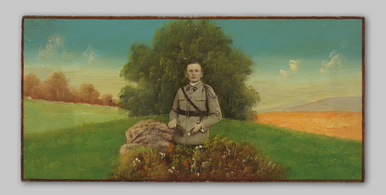 Portrett av en ukjent soldat i et malt landskap av Anonymous