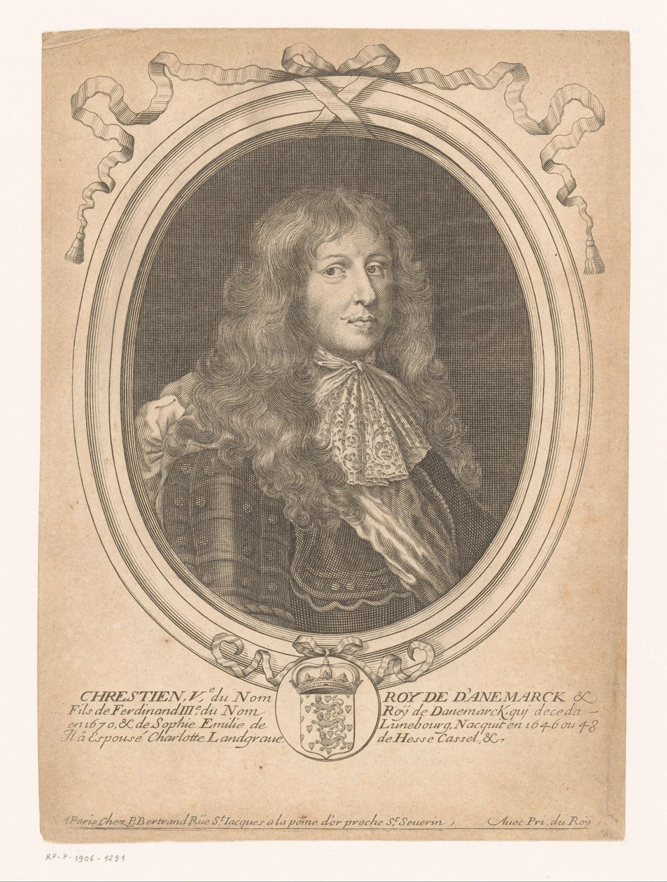 Portrett av kong Christian V av Danmark Chrestien, Ve, du Nom Roy de D