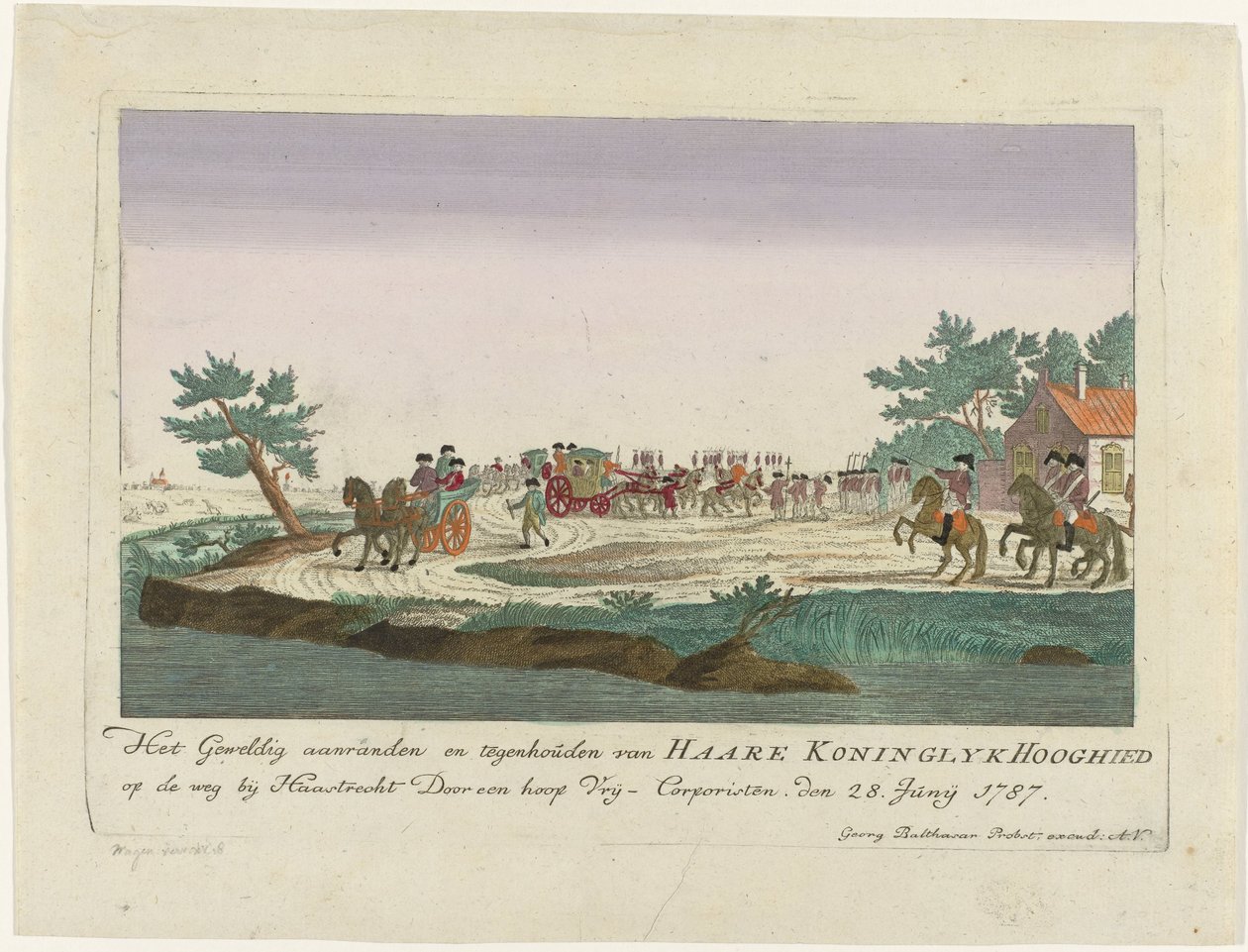 Prinsesse av Orange holdt i Goejanverwellesluis, 1787 Den store angrep og stopping av Haare Koninglyk Hooghied på veien nær Haastrecht Ved en masse Vrij-Corporisten. den 28. juni 1787 (tittel på objekt) Fargede tyske trykk om d av Anonymous