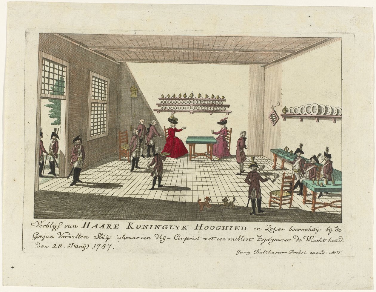 Prinsesse av Orange i vaktrommet i Goejanverwellesluis, 1787 Haare Koninglyk Hooghieds opphold i en viss bondehus nær Goejan Verwellen Sluijs, der en Vrij-Corpist holder vakt med en naken siderifle. den 28. juni 1787 (tittel på objekt av Anonymous